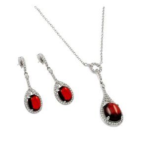 Silver 925 Pear Shaped Clear and Red CZ Dangling Stud Earring and Necklace Set